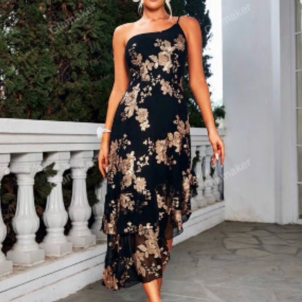 New Floral Print One Shoulder Asymmetrical Hem Sequin Dress Black Rose Gold